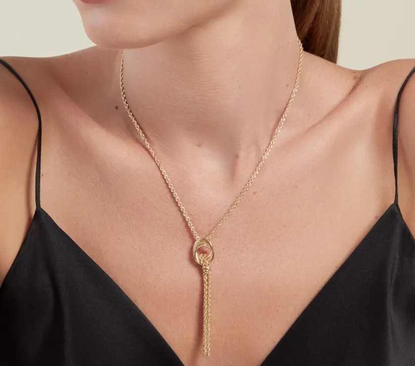 Or Jaune 750/1000 Cercles Ajoures Forme Cravate Maille Corde Necklace