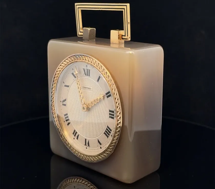 Art Deco Cartier Agate Chalcedony Black Enamel 18k Gold Desk Clock
