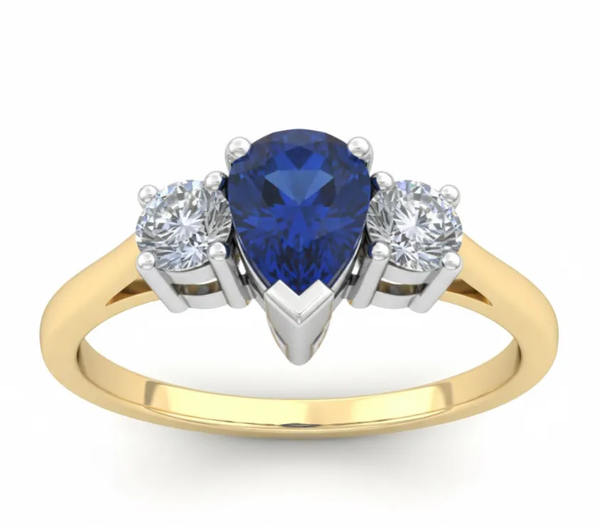 DJ&Co Edwardian 750 Gold Style Pearl Shape Blue Tanzanite Trilogy Ring