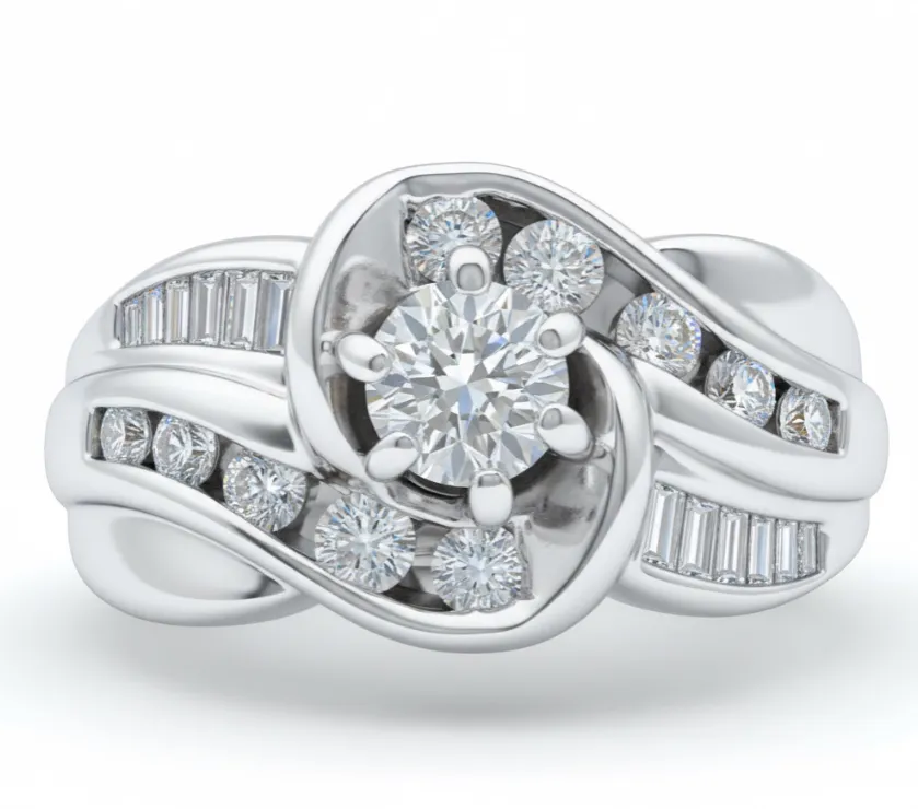 Gold Star Swirl Baguette Diamond Bypass Engagement Ring in 14K